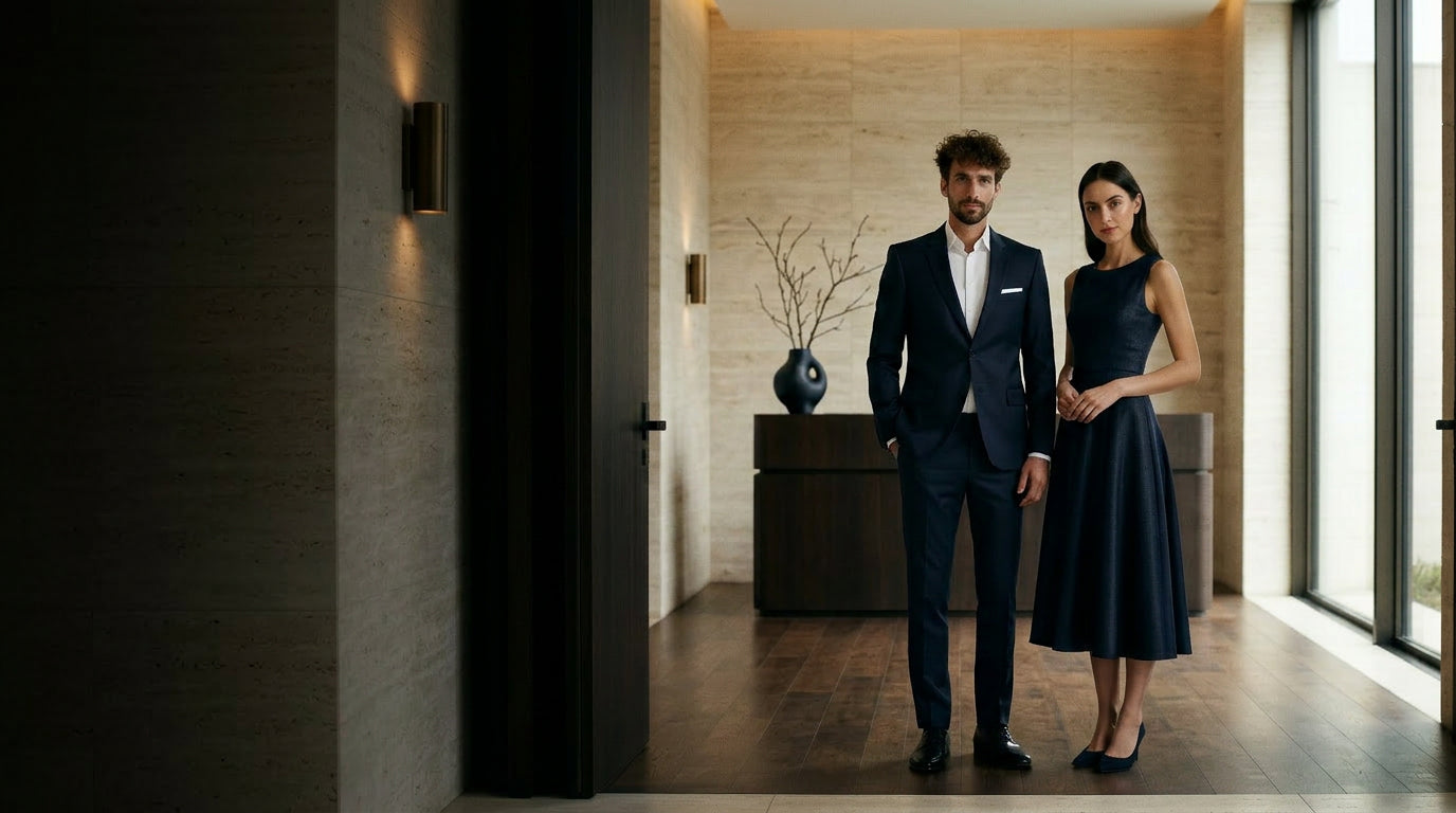 Hotel concierge in tailored Drape & Stitch uniform